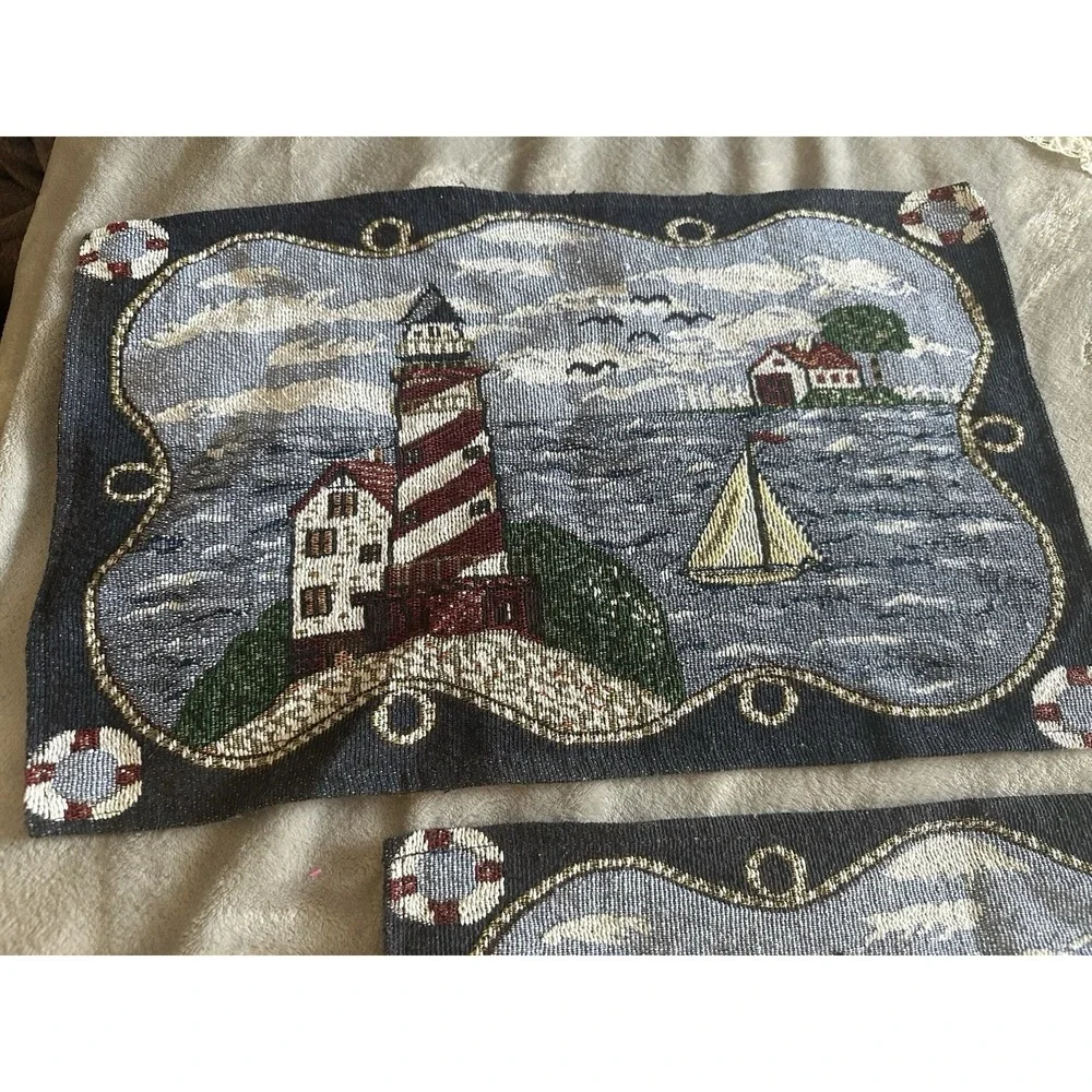 Set of 2 Tapestry Placemats Lighthouse Sailboat Nautical Ocean